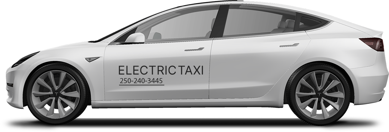 White electric taxi with contact number displayed.